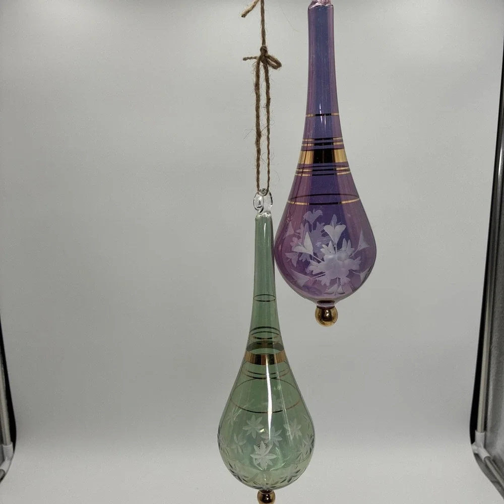 Vintage Egyptian Hand Blown Glass Ornaments Etched Floral Gold Trim Set of 2
